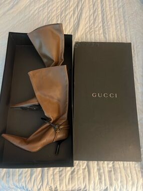 Gucci Brown Leather Pointed-Toe Mid-Calf Stiletto Boots